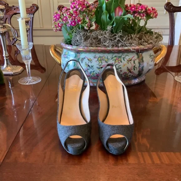 Christian Louboutin Gray Peep-Toe Heels - Picture 2 of 6